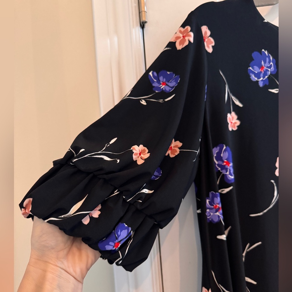 Lauren Ralph Lauren Dark Floral Shift Dress 14P 3/4 Ruffle Sleeve Modest Party - Picture 5 of 12